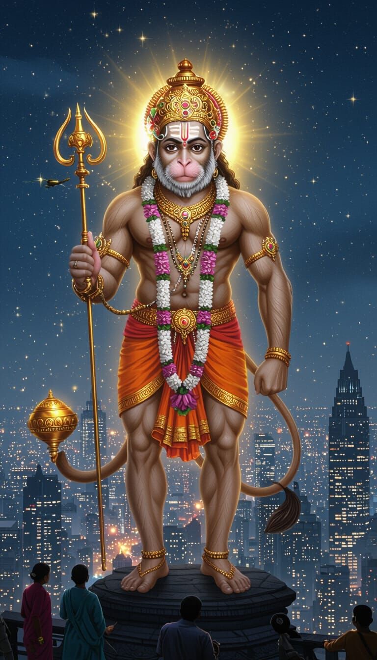 Hanuman Over Modern City with Divine Aura