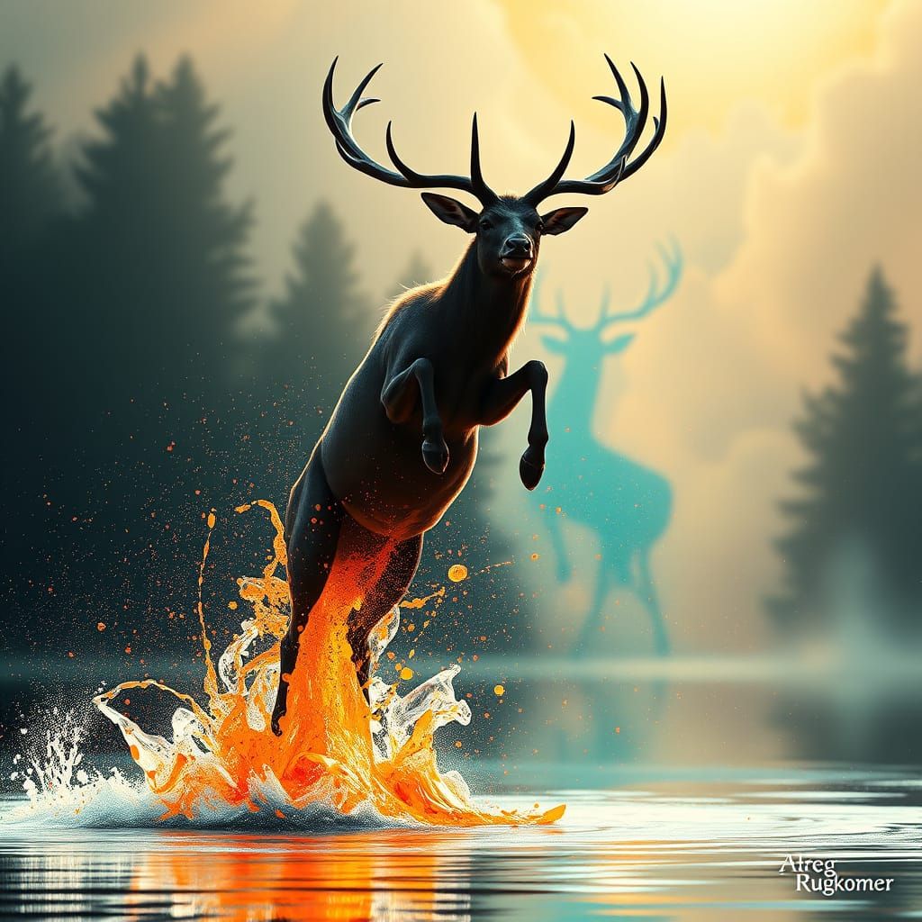 Waterbuck Deer Leaping: Hyperdetailed Concept Art
