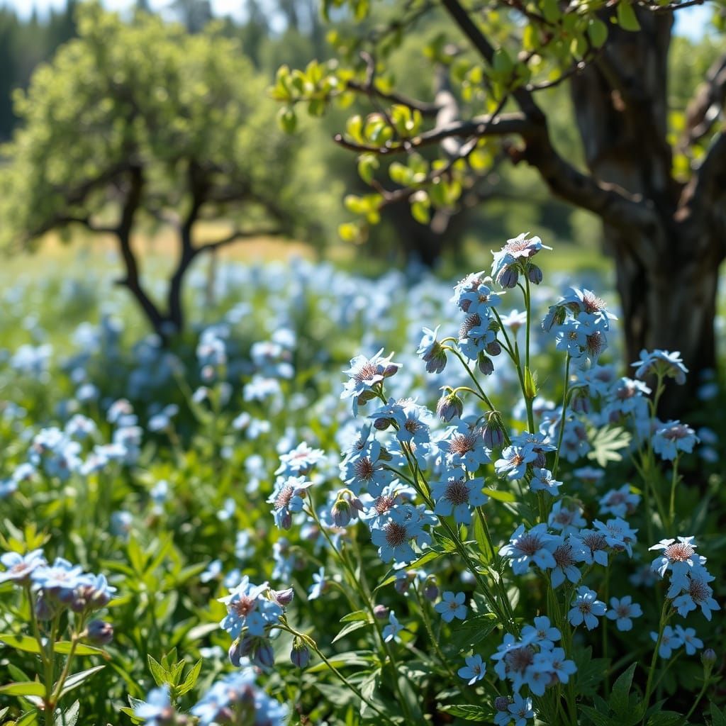 Whimsical Forest Landscape with ForgetMeNot Flowers