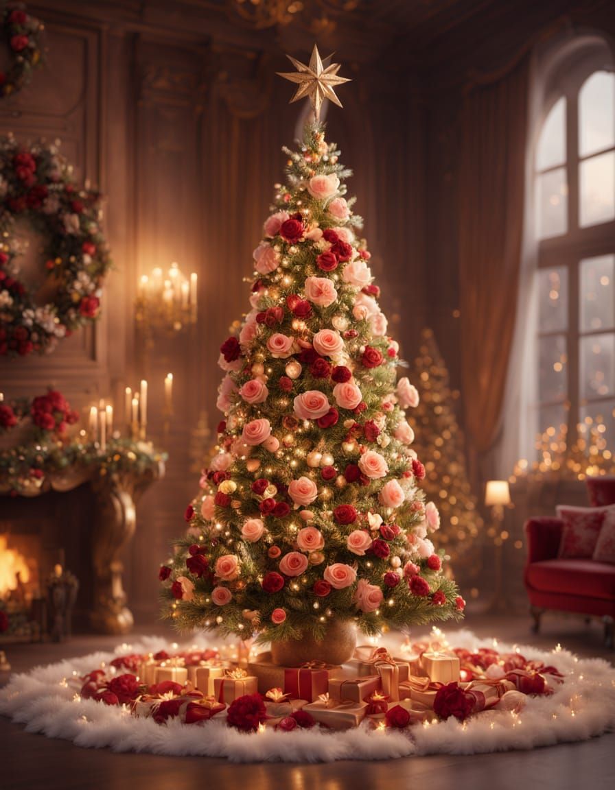 Beauty, lights,Bokeh, Christmas tree, roses