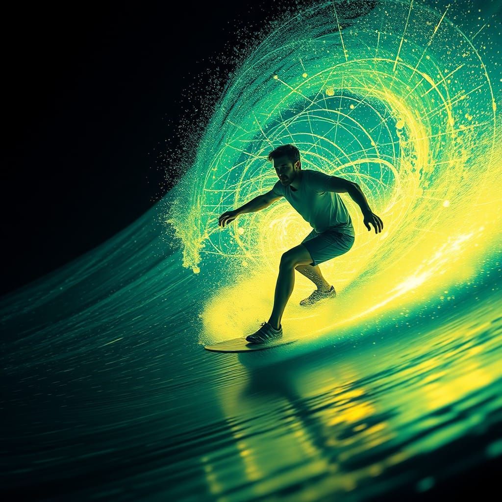 Surfer on a Pulsating Neon Digital Wave