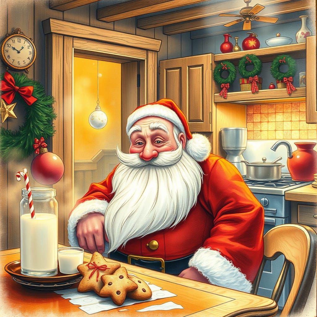 Whimsical Santa Claus Sneaking Cookies in a Magical Kitchen