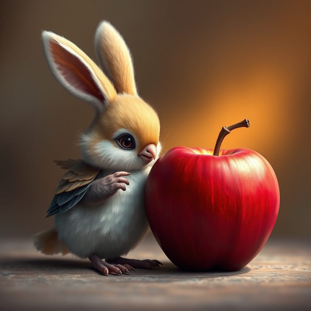 Whimsical Rabbit-Bird Hybrid Discovers Enchanted Apple