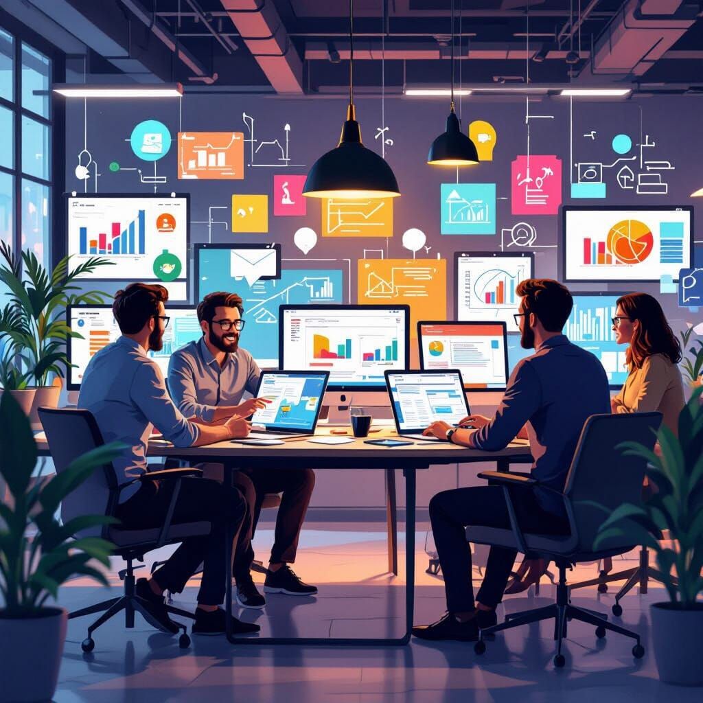 Modern Art Illustration of Diverse Teams Collaborating Digit...