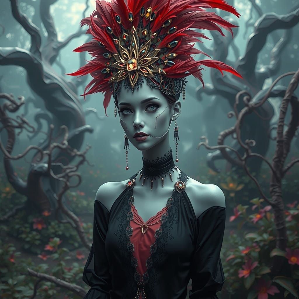 Mystical Woman in Dark, Twisted Garden