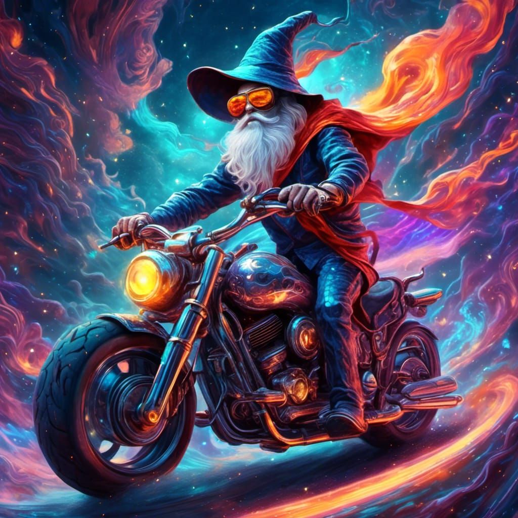<lora:Werna:1.0> A wizard riding a futuristic motorcycle. 8k resolution holographic astral cosmic illustration mixed med...