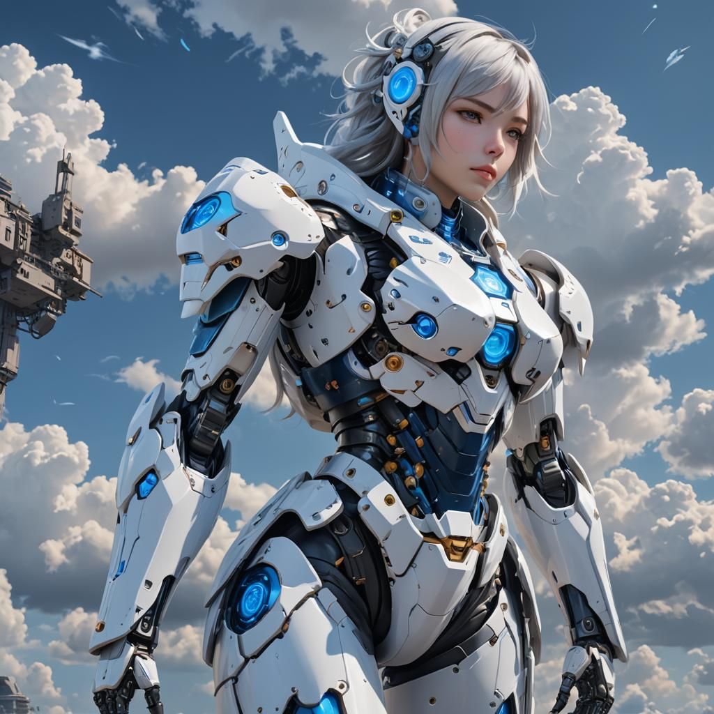 Robot Girl in White Armor Anime Art