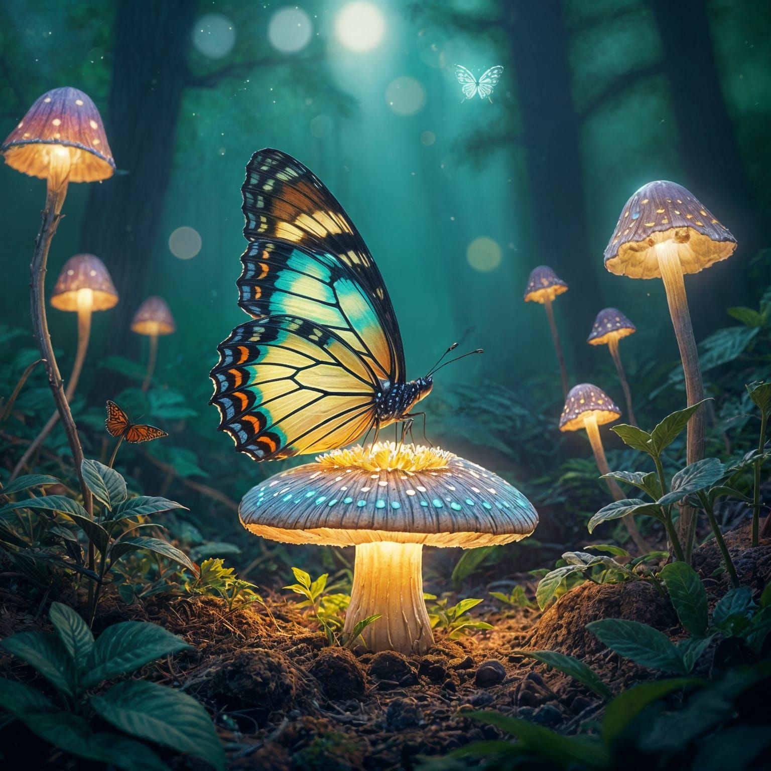 Bioluminescent Butterfly on Glowing Mushroom: Oil Painting
