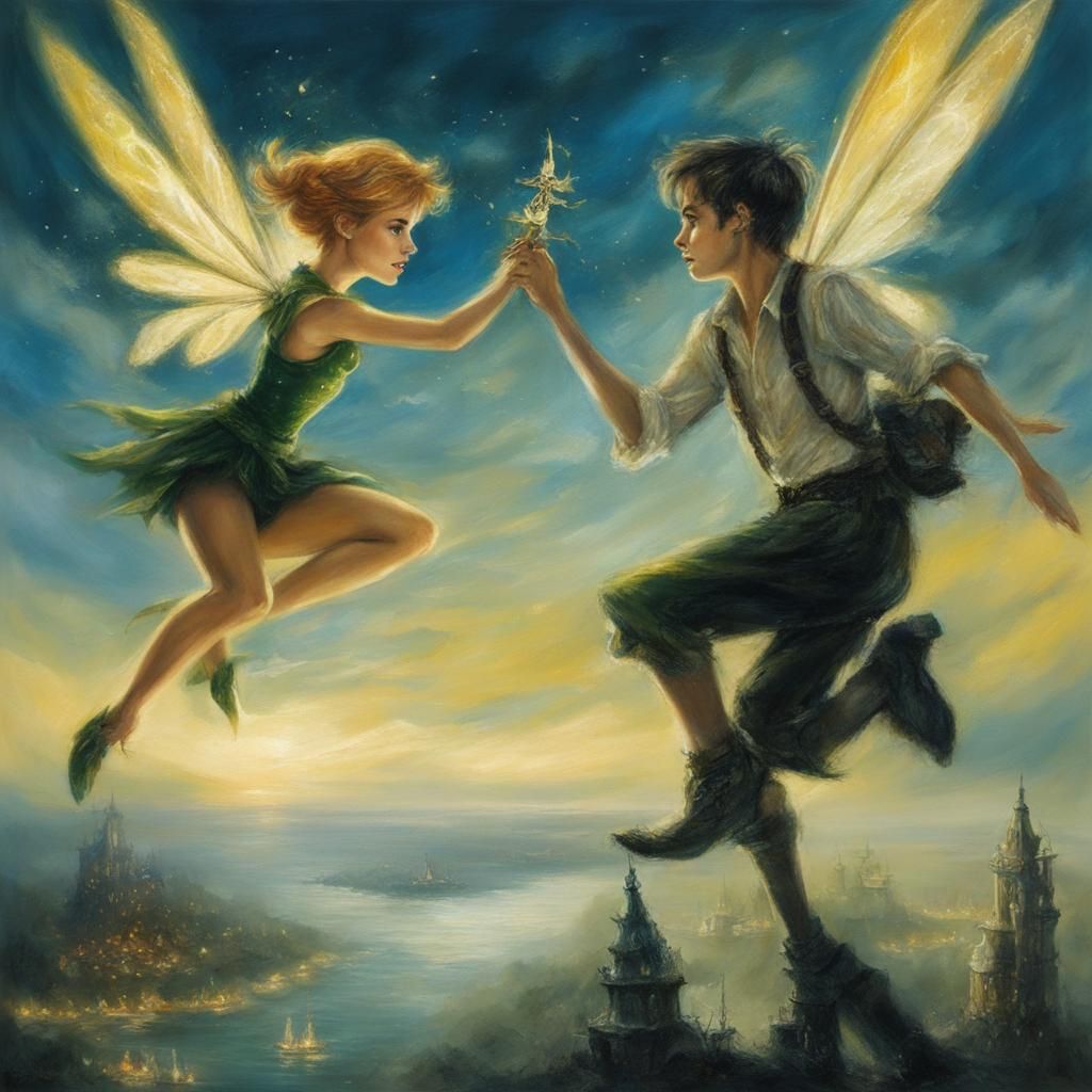 Tinkerbell and Peter Pan Fly Over Neverland