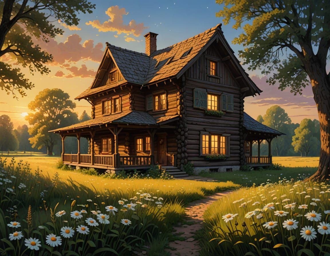 Mysterious Sunset Scene with Daisies and Woodland House