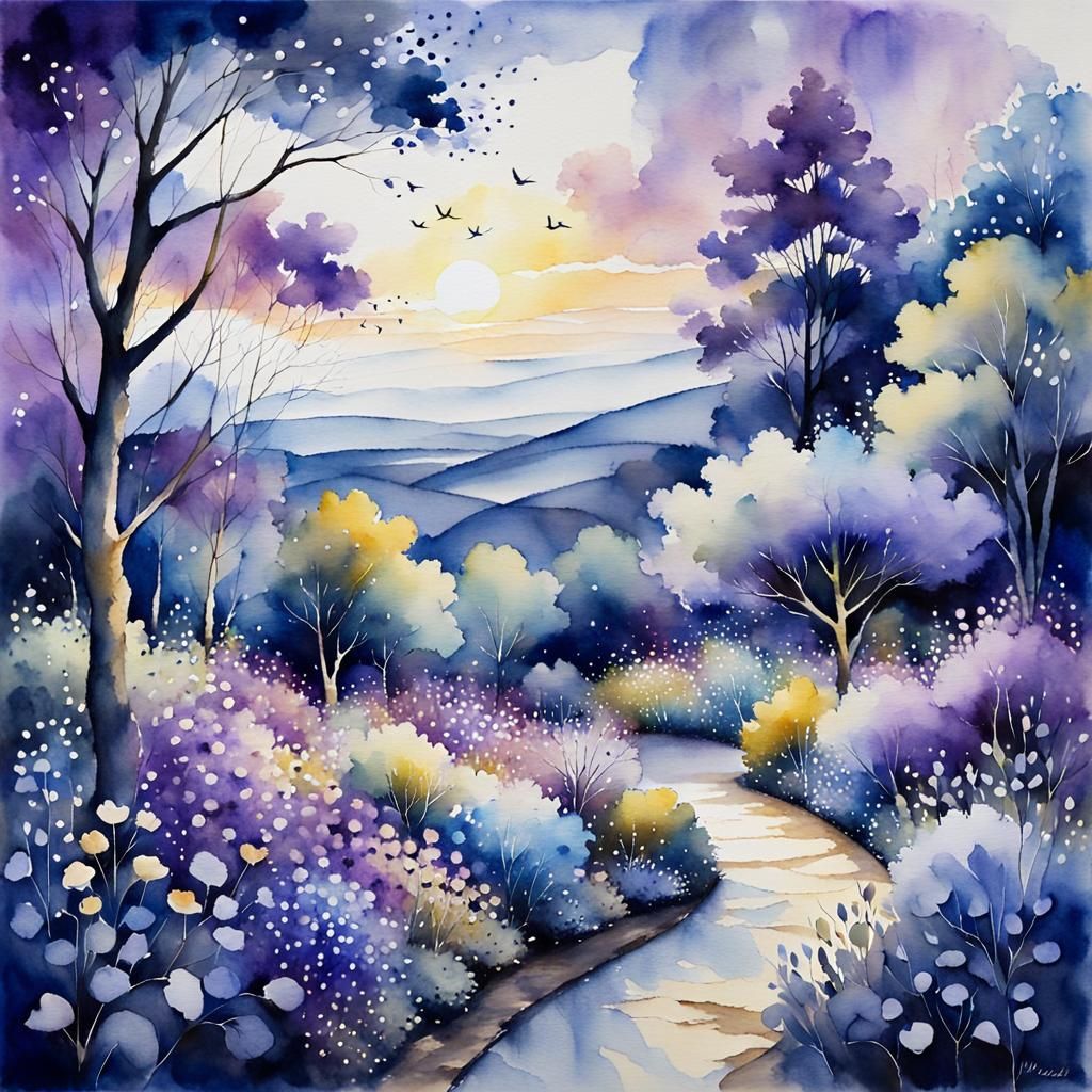 Enchanted Garden in Violet Light, Watercolor Painting