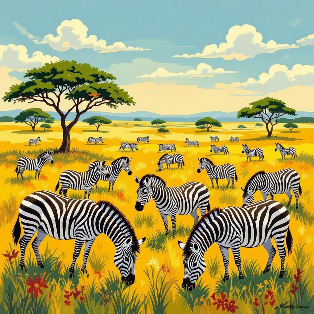 Zebras Grazing on Savannah in Pop Art Style
