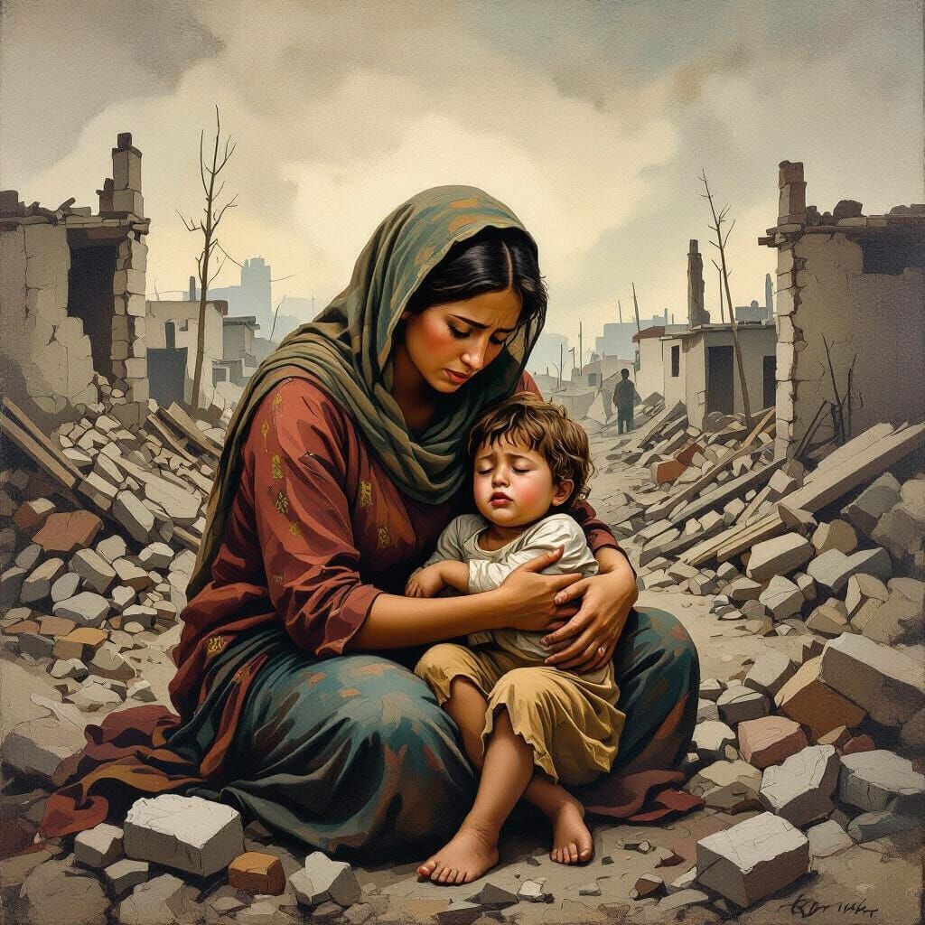 Distraught Mother and Child in War-Torn City