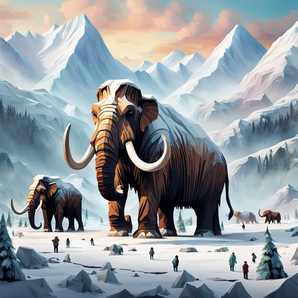 Children Watch Ancient Mammoth Herd in Snowy Mountains