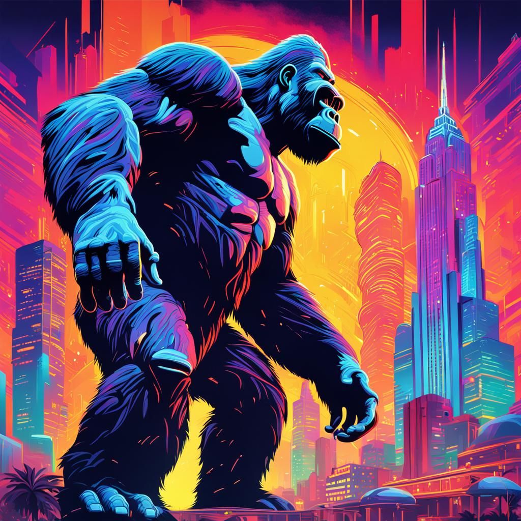 Futuristic King Kong in Neon Cityscape Art Deco