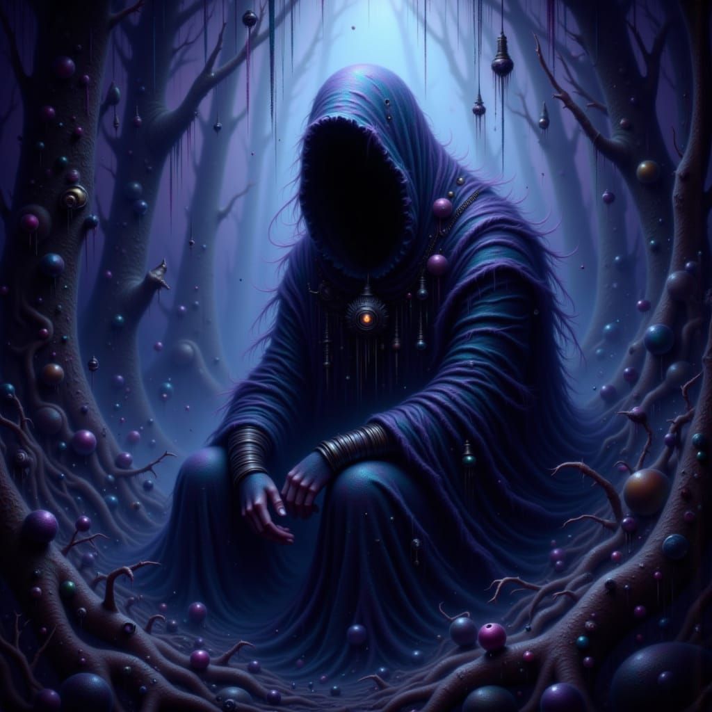 Dark Hooded Figure in Shadows: a Surreal Image