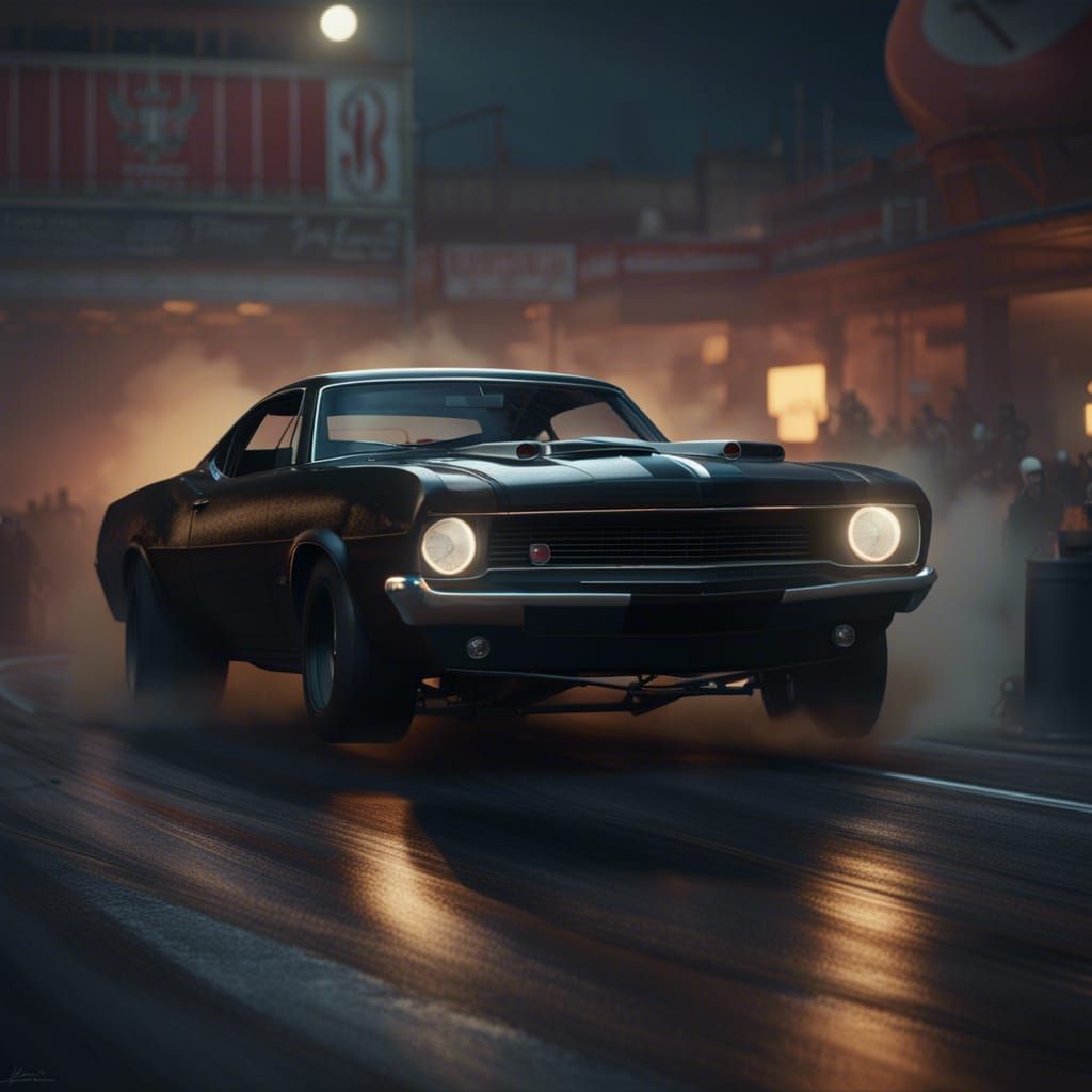 Drag Racing Muscle Car with Blazing Burnout