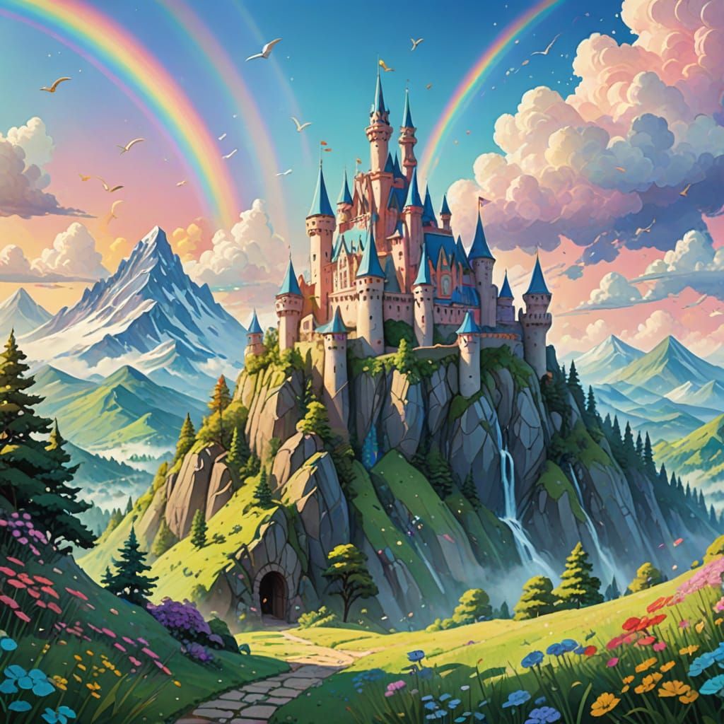 Whimsical Fantasy Landscape with Rainbows and Castles