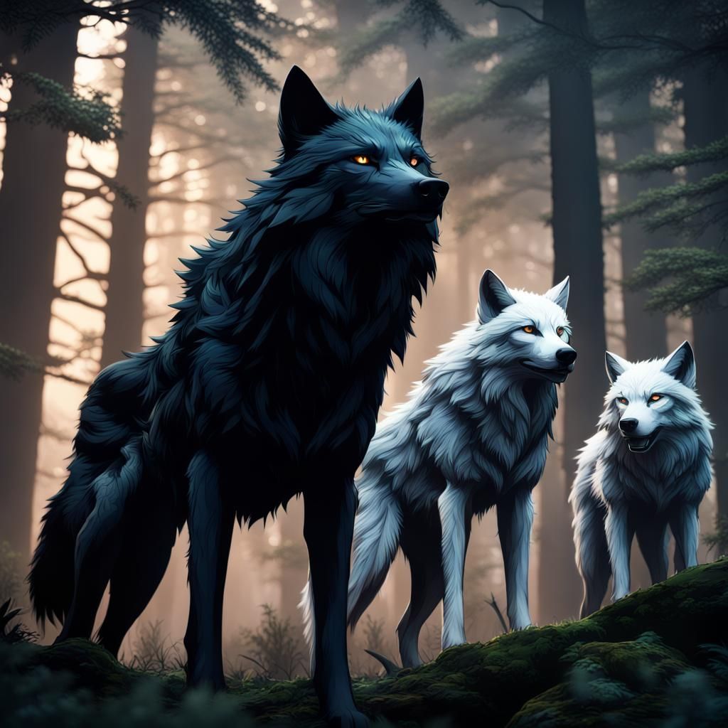 Anime Wolves in Dark Forest Matte Painting