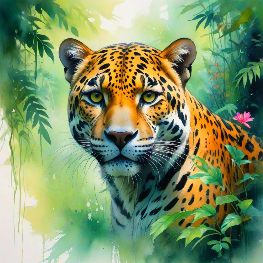 Vibrant Rainforest Landscape with a Stealthy Jaguar in Gentl...