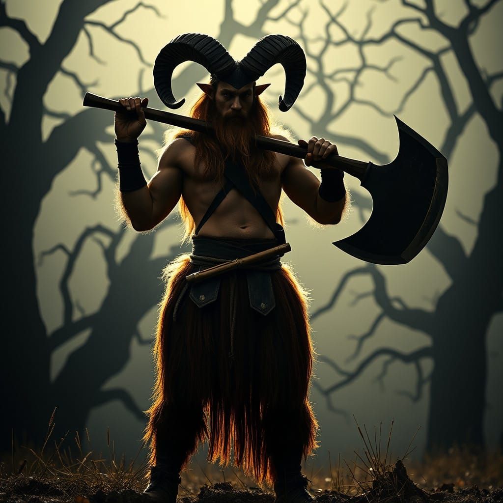 Majestic Satyr Barbarian in Dramatic Fantasy Landscape