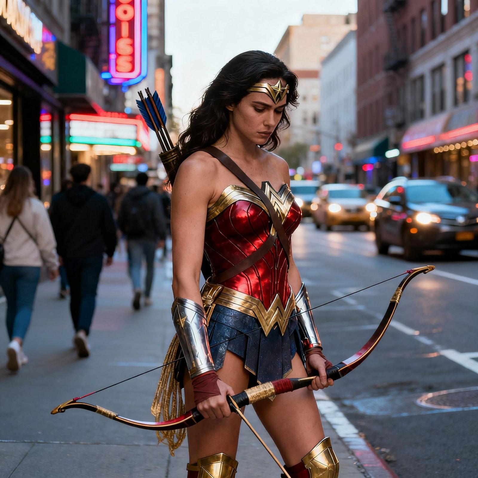 Wonder Woman Holding Cupid's Bow on a Lonely Street