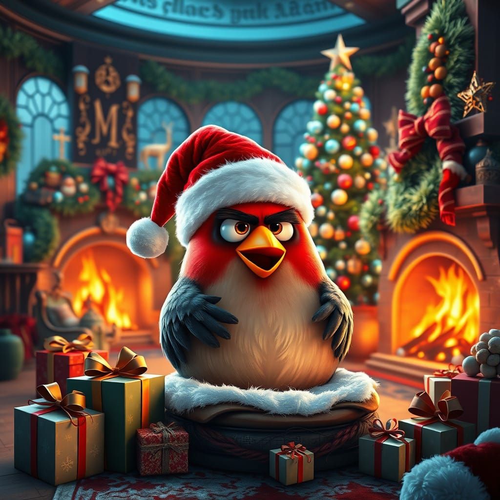Angry Bird in Festive Santa Hat Relaxing by Crackling Firepl...