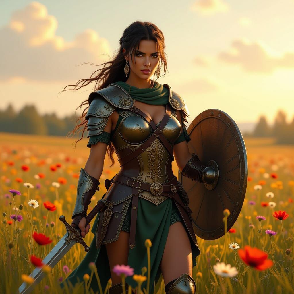 Celtic Goddess in Armor with Gladius in Flower Field