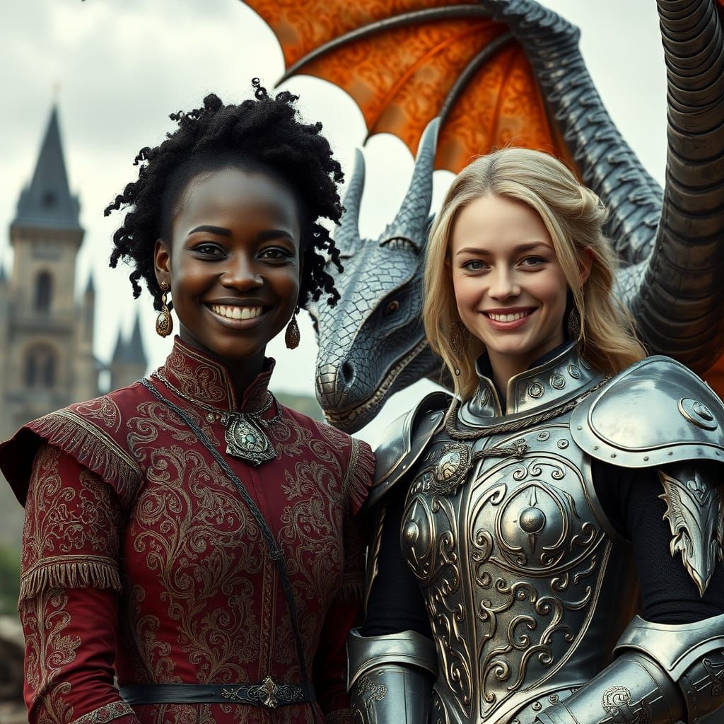 Medieval Dragon Scene with Women in Pre-Raphaelite Style