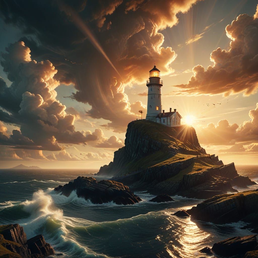 Scottish Lighthouse on Rocky Island in Comic Style