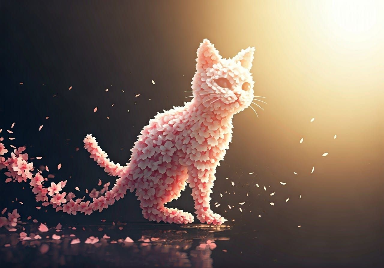 Cherry Blossom Cat Silhouette in Dreamy Ukiyo-e Style