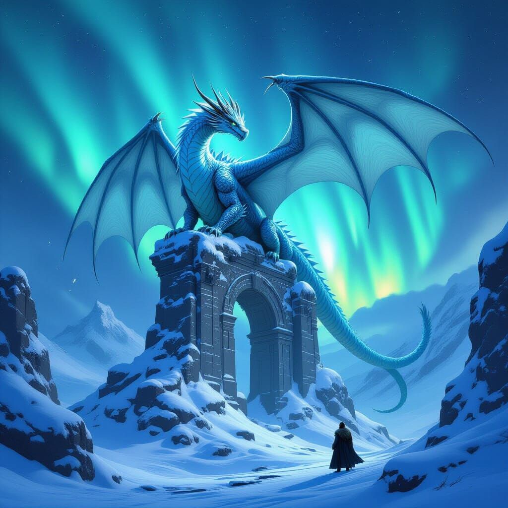 Majestic Ice Dragon on Ruin Under Aurora Borealis