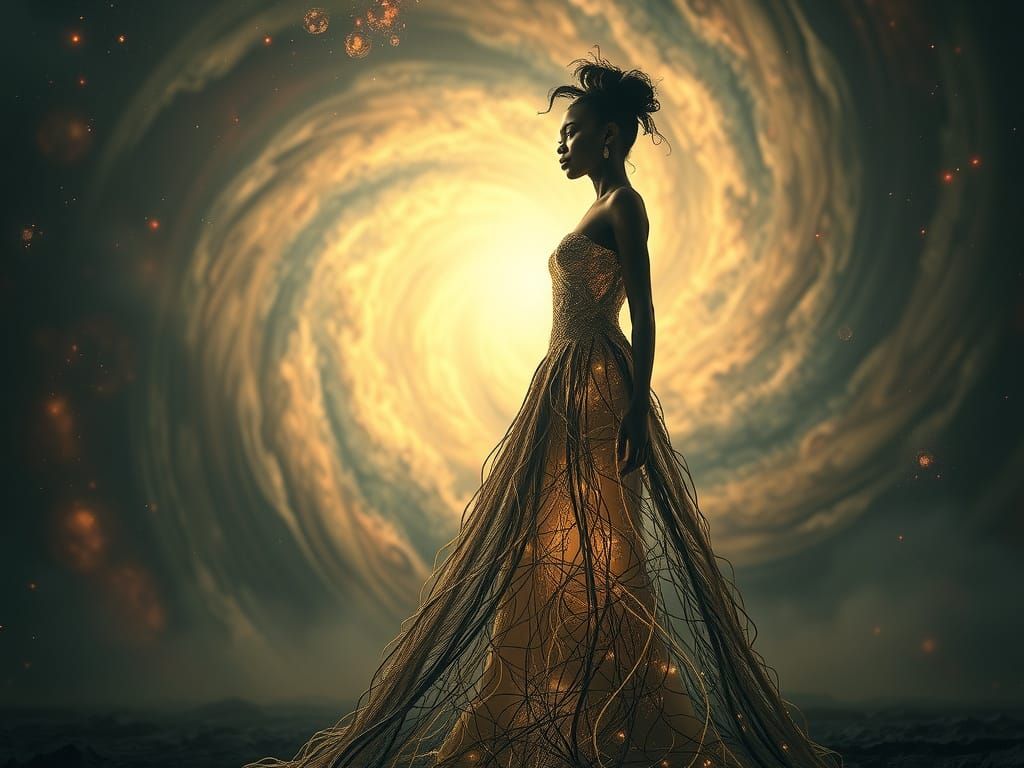 Fashion Model in Glowing Electron Gown Amidst Cosmic Dust