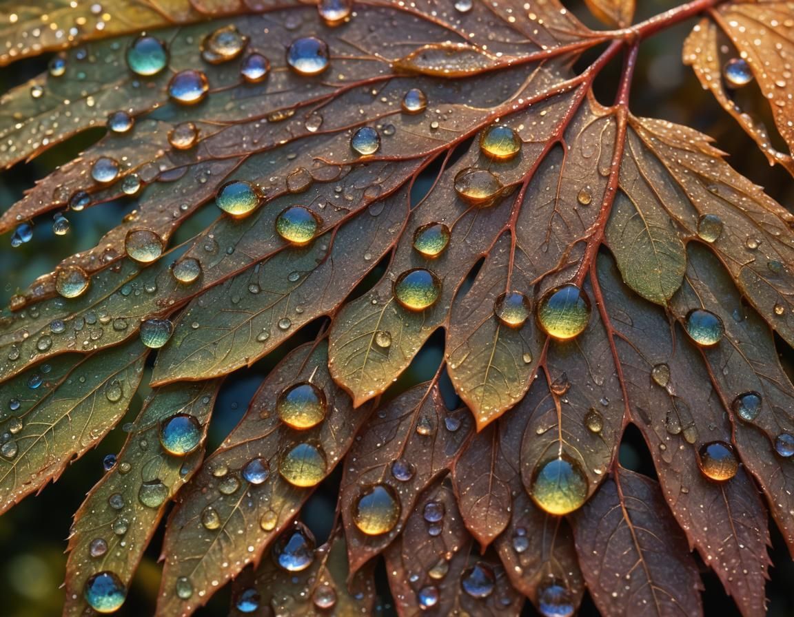 Macro Photo of Autumn Leaf with Rainbow Dew