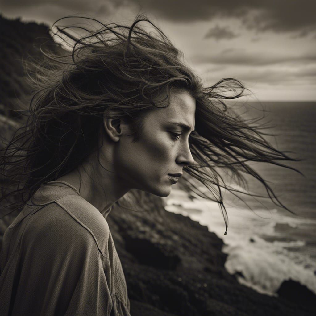 Sepia Portrait of a Sad Woman on Cliff