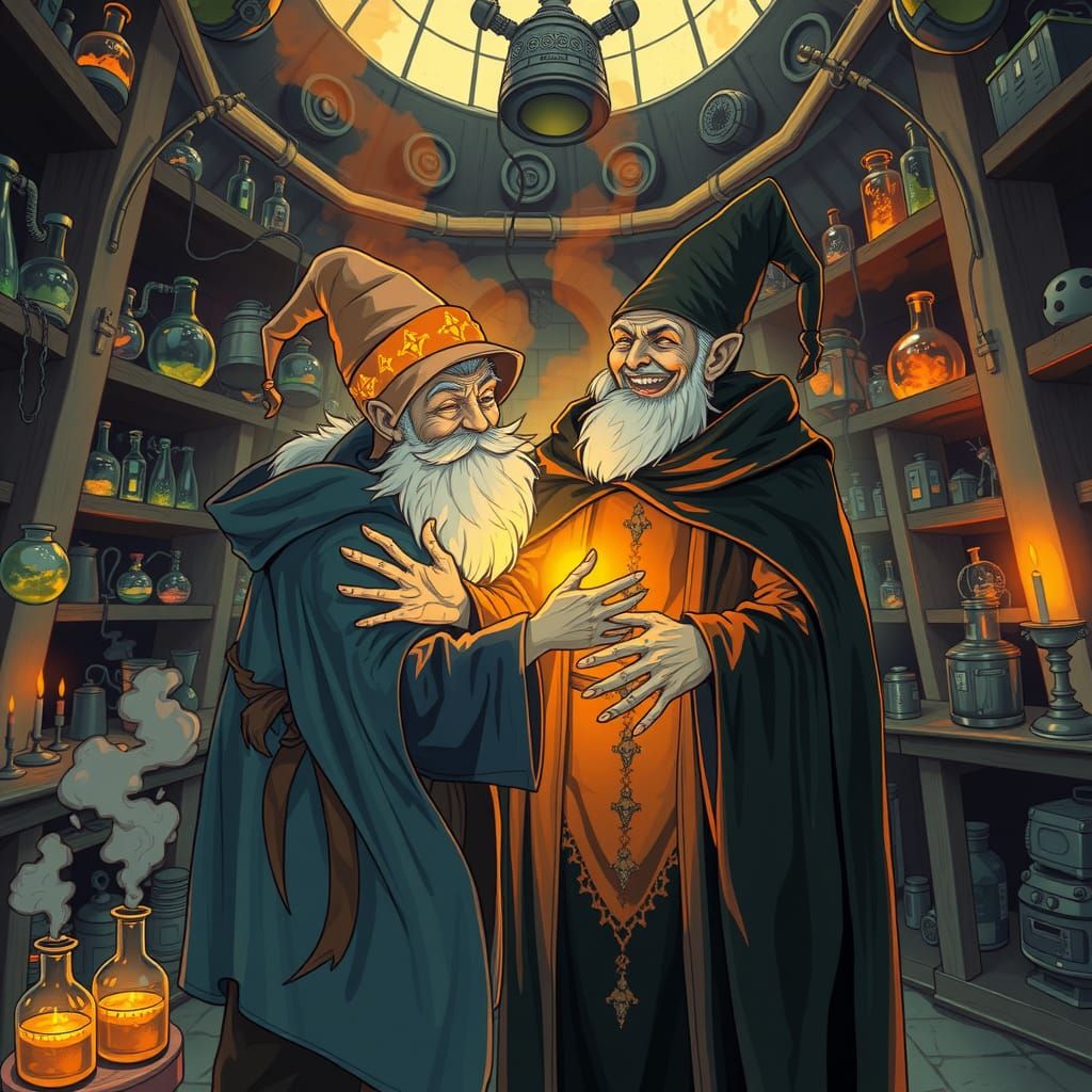 Wizards Embrace in Mystical Laboratory: Gothic Fantasy