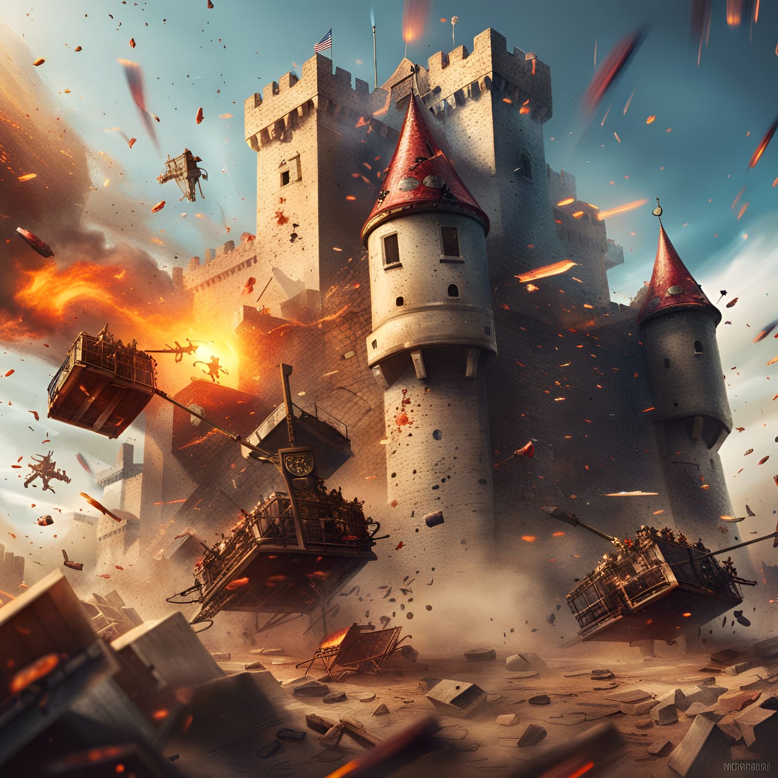 Army Attacking Castle with Catapults: Hyperrealistic Art