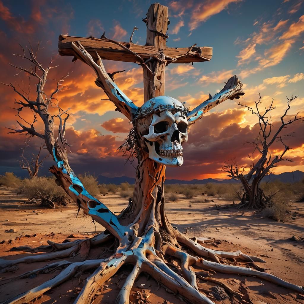 Surreal Christ on Cross in Desert Twilight