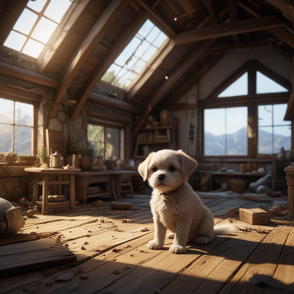 Puppy Alone in Forgotten Attic: Fantasy Concept Art