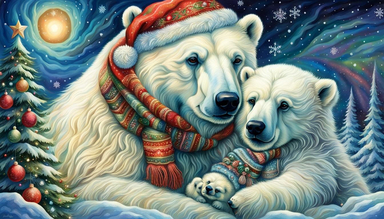 Festive Polar Bear Cub in Christmas Scene