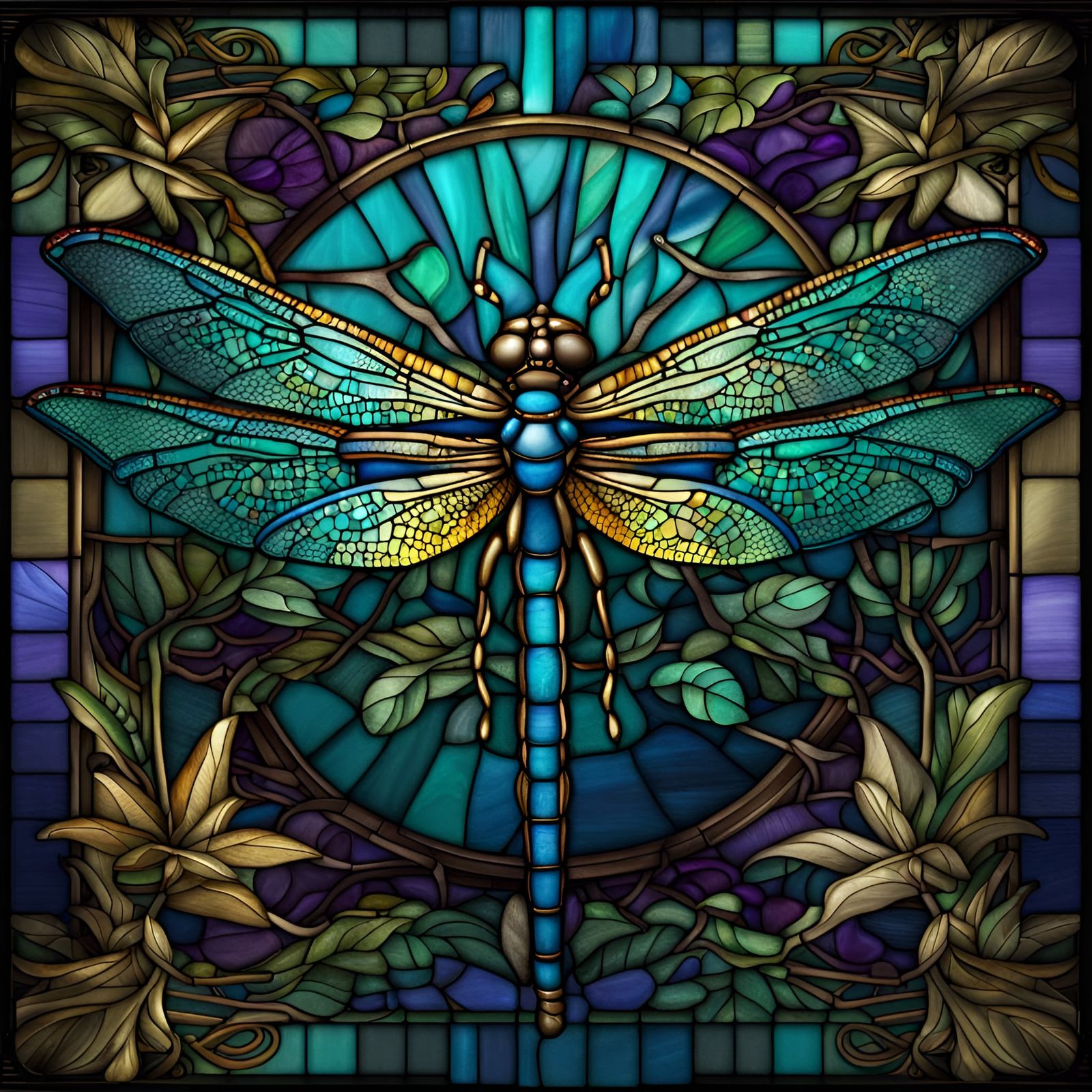 Stained Glass Dragonfly Art in Teal and Purple
