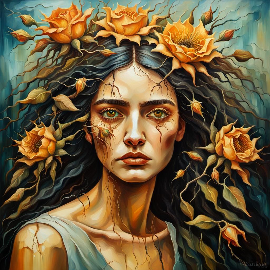 Surrealist Portrait of Woman with Thorns and Tears