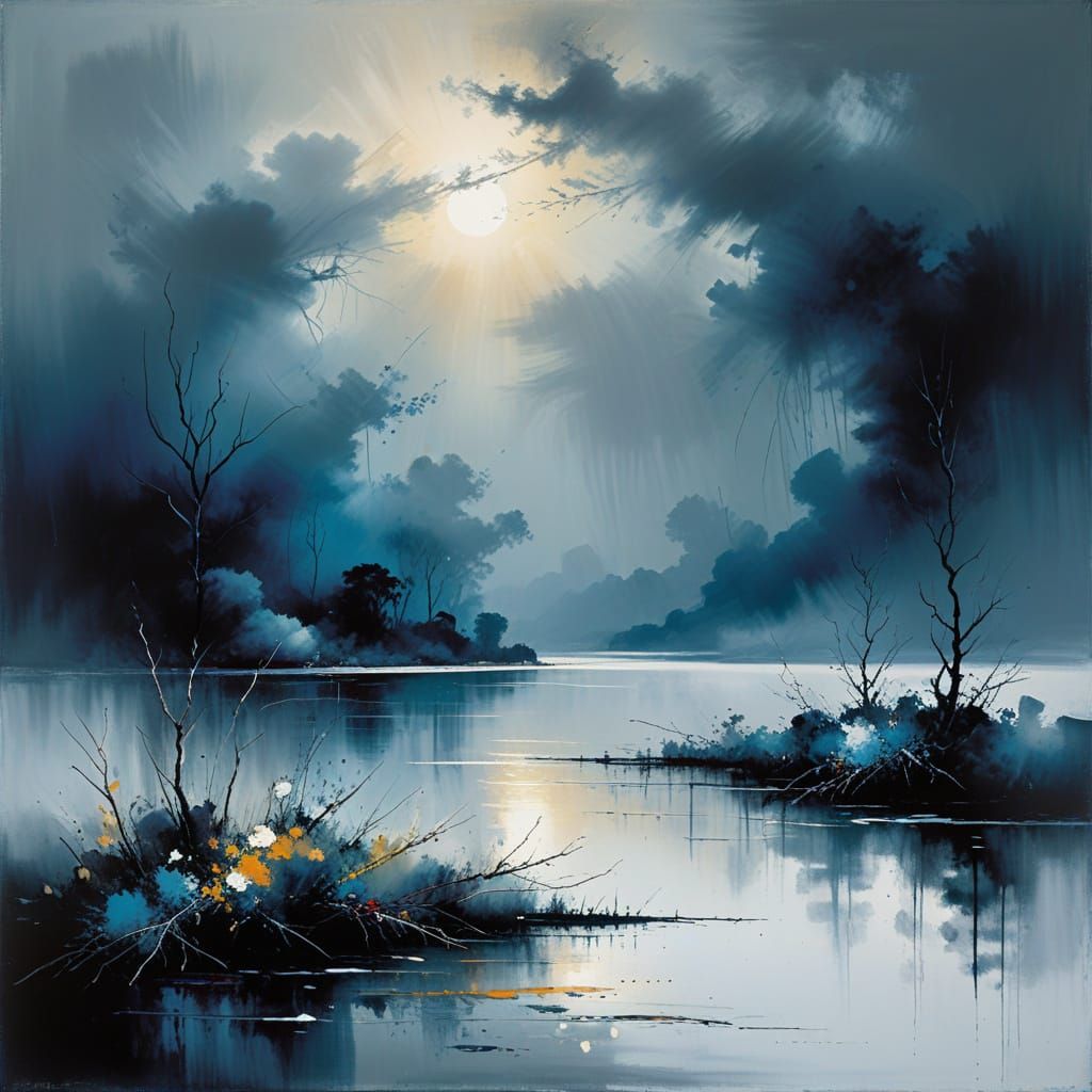 Ominous Lake Landscape in Abstract Expressionist Style