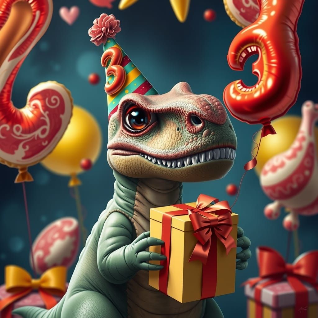 T-Rex Birthday Party in Photorealistic Painting Style