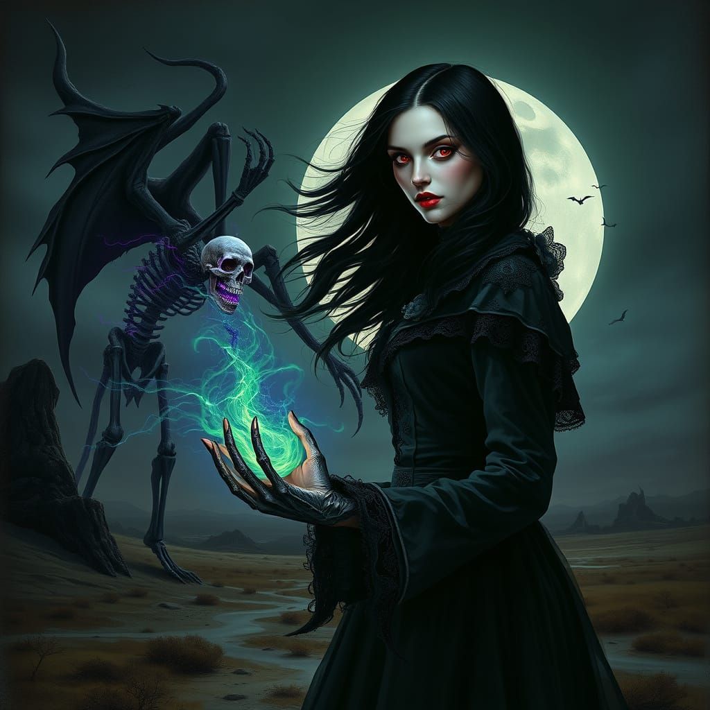 Gothic Beauty Confronts Skeletal Death in Dark Fantasy Art