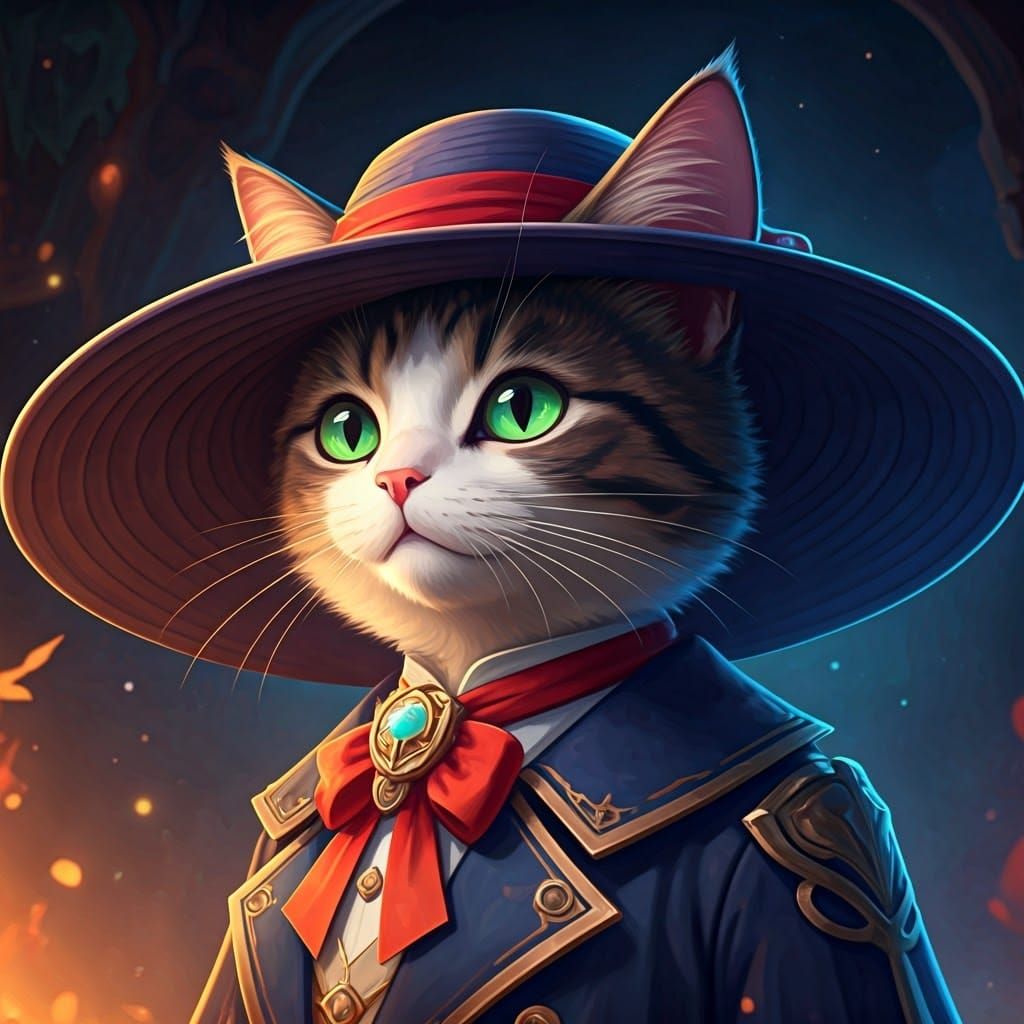 Whimsical Cat in Hat: Genshin Impact Inspired Art