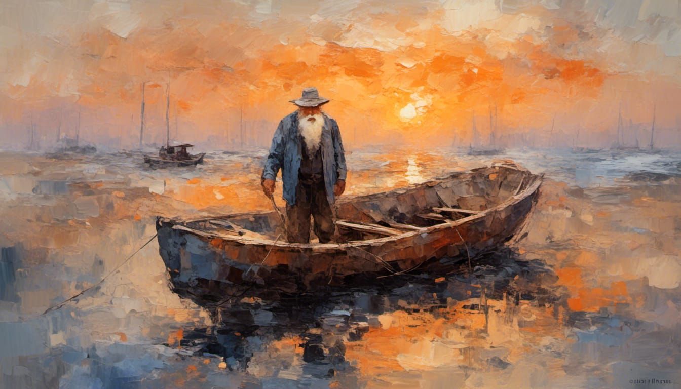 Impressionistic Portrait of Fisherman at Sunset