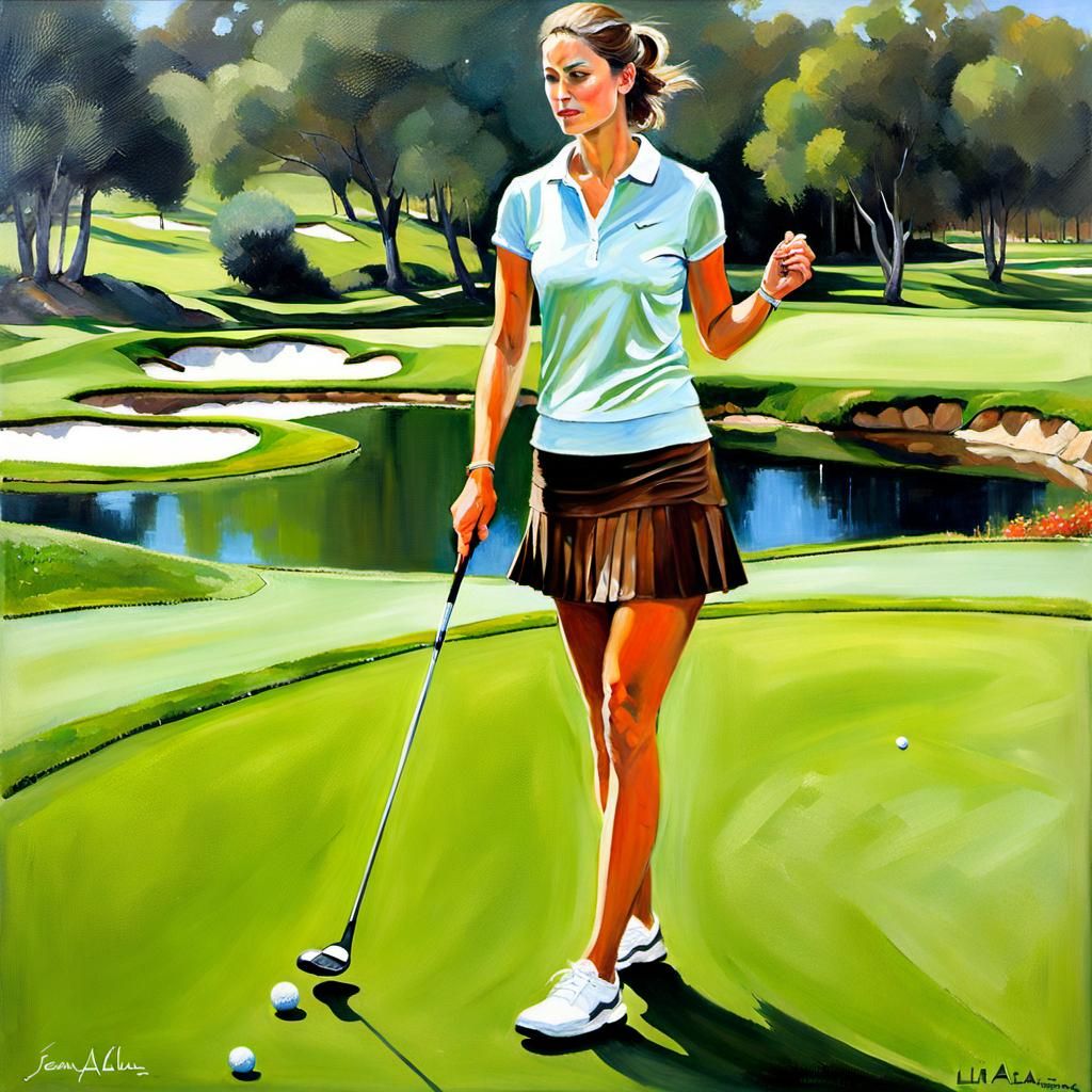 Woman Golfing in Oil Painting Style