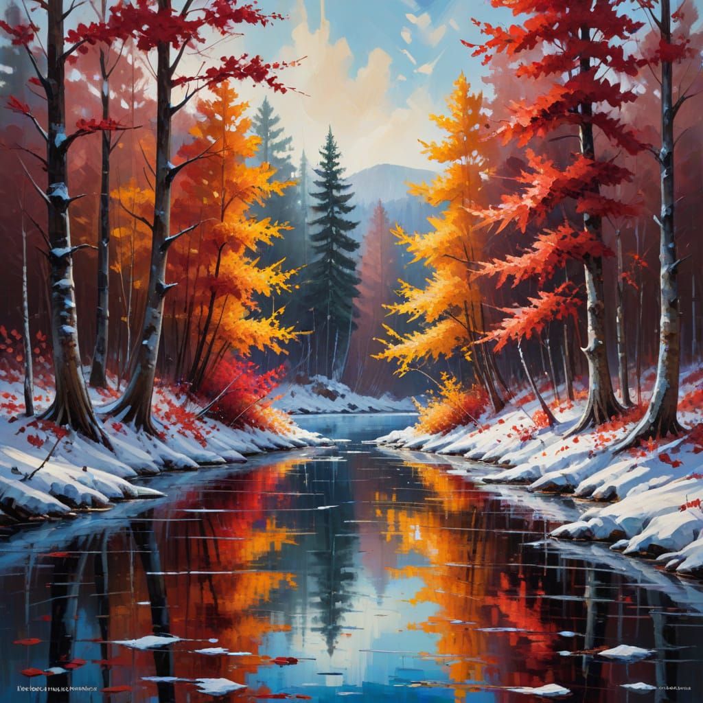 Winter Landscape Impasto Painting with Frozen Lake