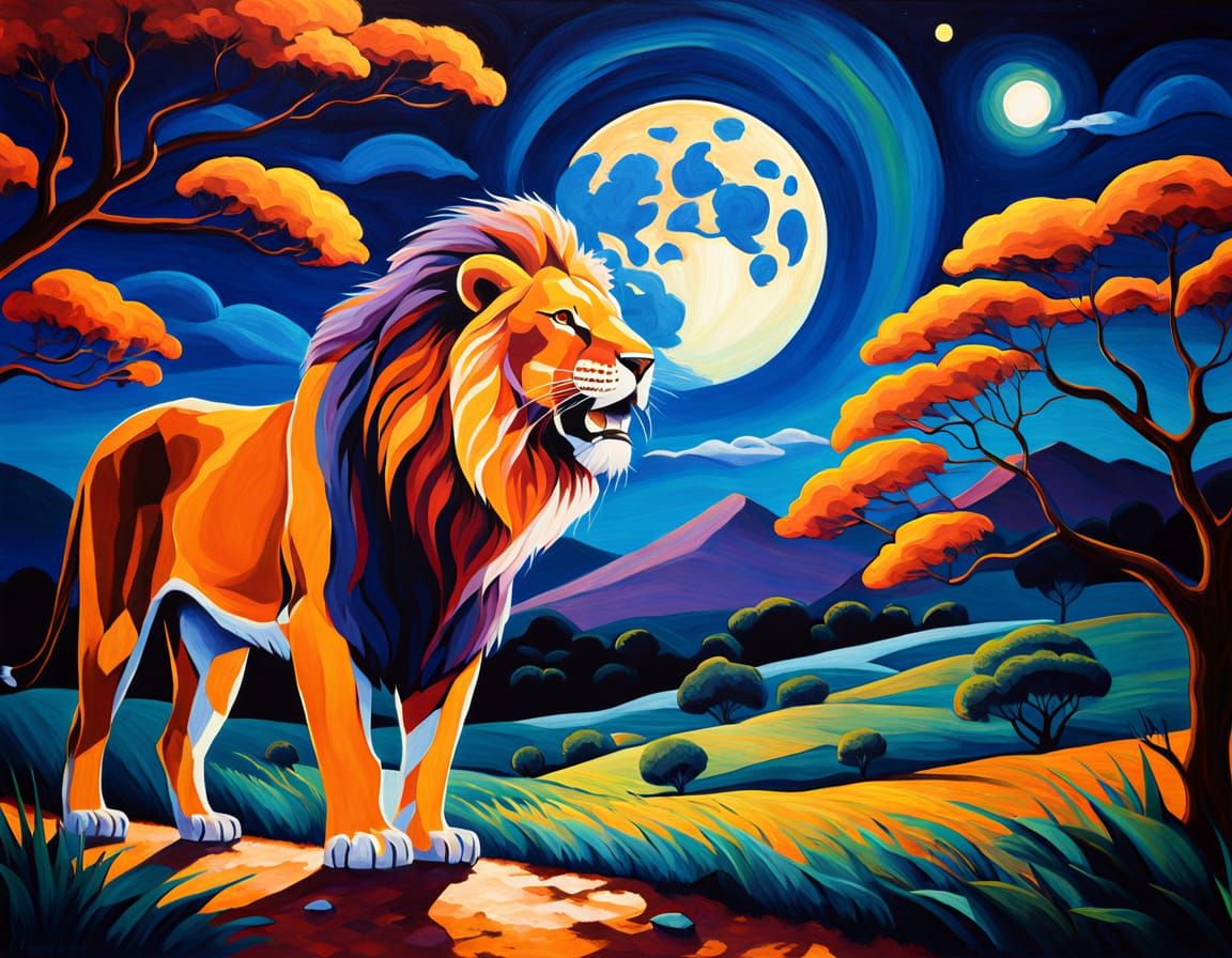 Fauvist Lion Roars Under a Vibrant Moonlit Sky